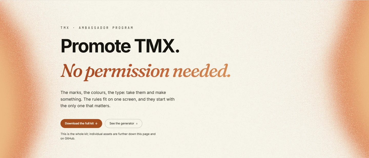 TMX Ambassador Program page with the headline Promote TMX. No permission needed.