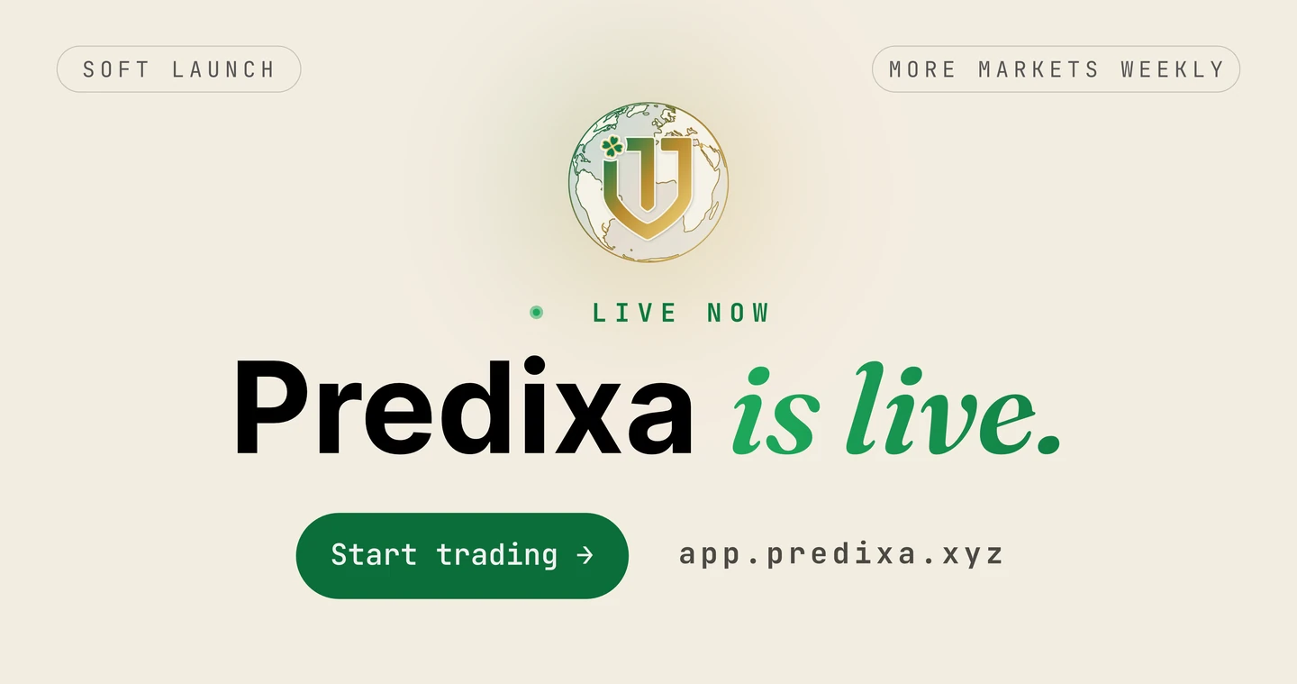 Predixa is live banner: the TMX shield-globe emblem on a cream field, a green LIVE NOW label, the headline 'Predixa is live,' a Start trading button, and the address app.predixa.xyz.